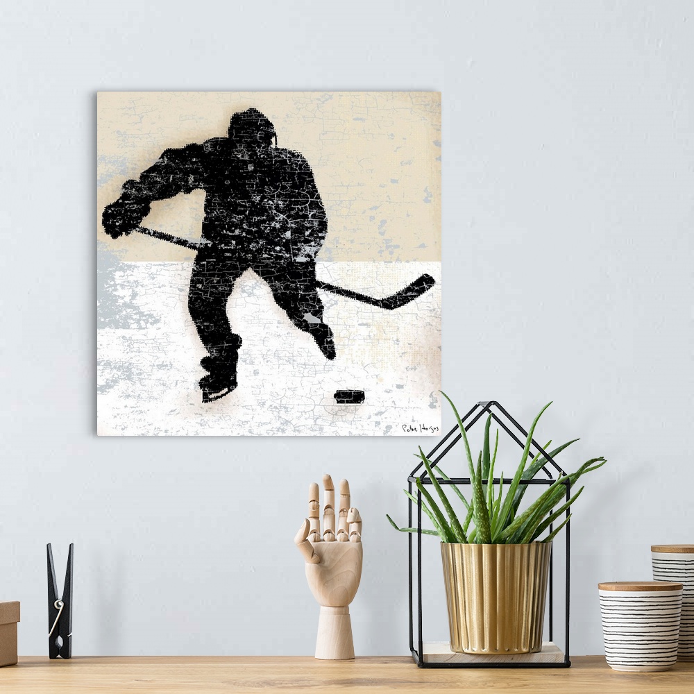 A bohemian room featuring Vintage style wall art of an old distressed hockey player on tan and sepia background.