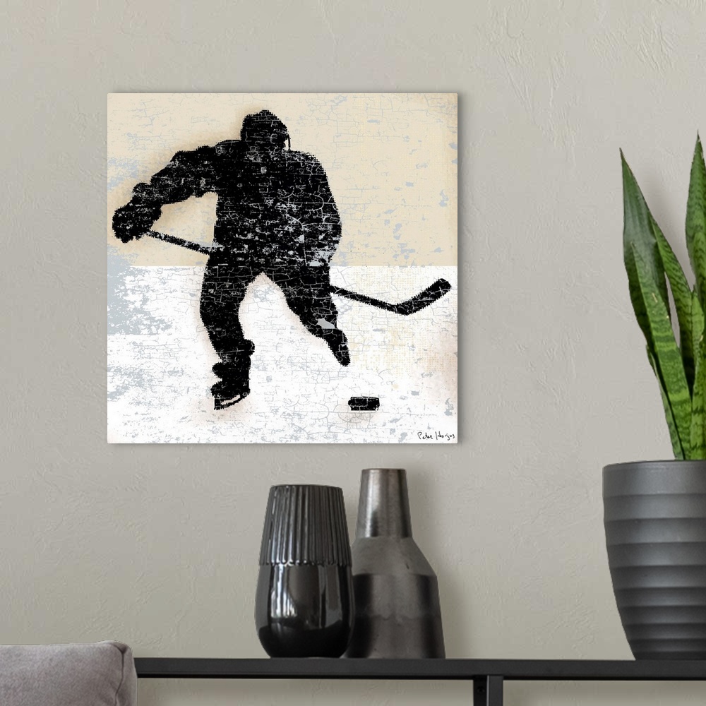 A modern room featuring Vintage style wall art of an old distressed hockey player on tan and sepia background.