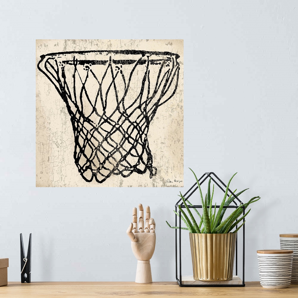 A bohemian room featuring Vintage style wall art of an old distressed basketball hoop on tan and sepia background.