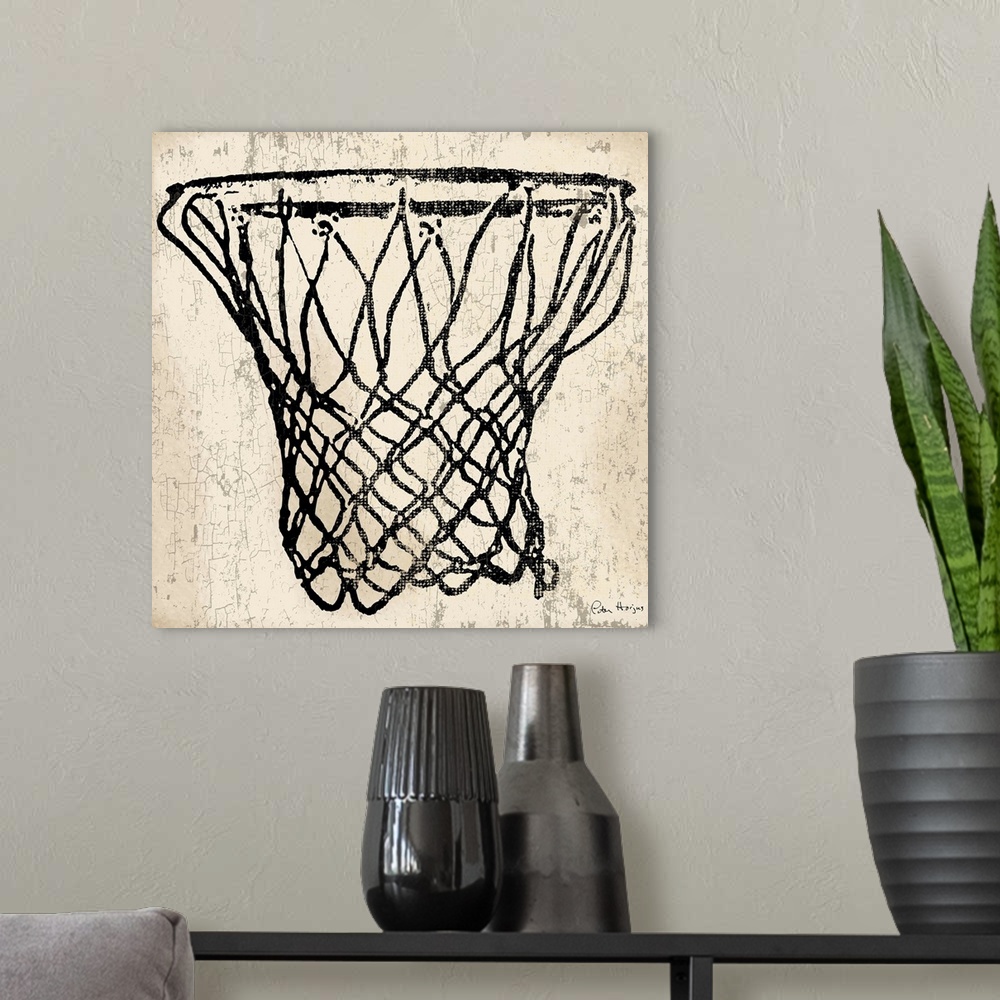 A modern room featuring Vintage style wall art of an old distressed basketball hoop on tan and sepia background.