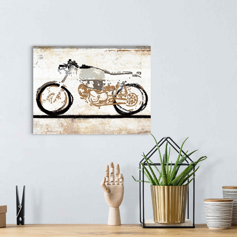 A bohemian room featuring A gray, black and tan vintage motorcycle minimalist art sketch on a white rust background.