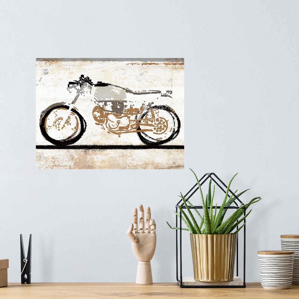 A bohemian room featuring A gray, black and tan vintage motorcycle minimalist art sketch on a white rust background.