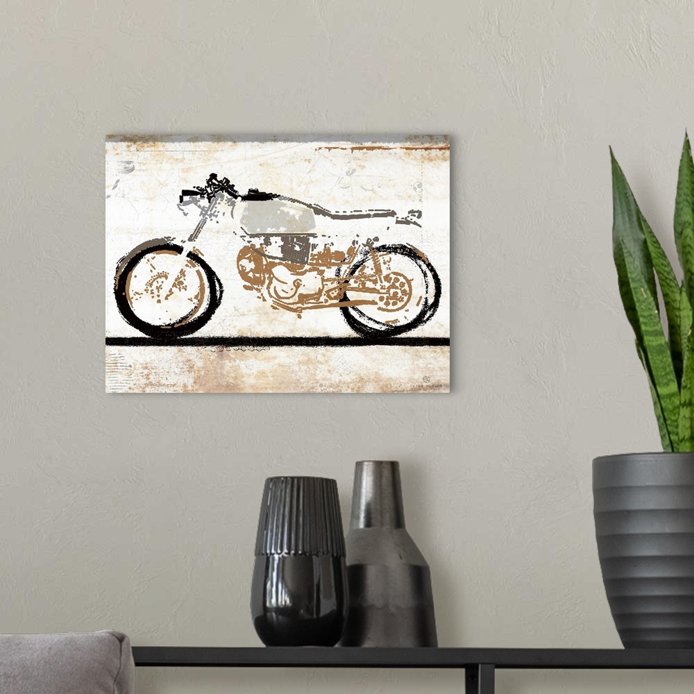 A modern room featuring A gray, black and tan vintage motorcycle minimalist art sketch on a white rust background.