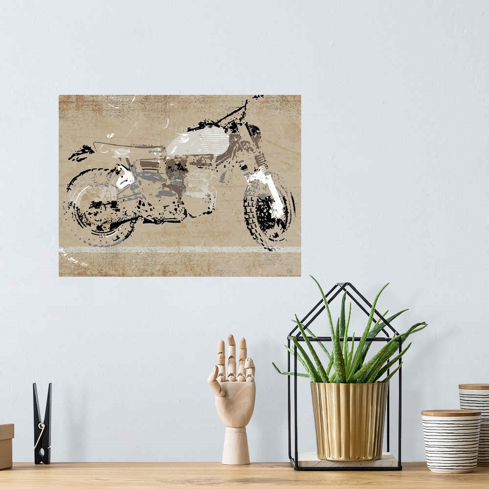 A bohemian room featuring A gray, black and tan vintage motorcycle minimalist art sketch on a gray rust background.