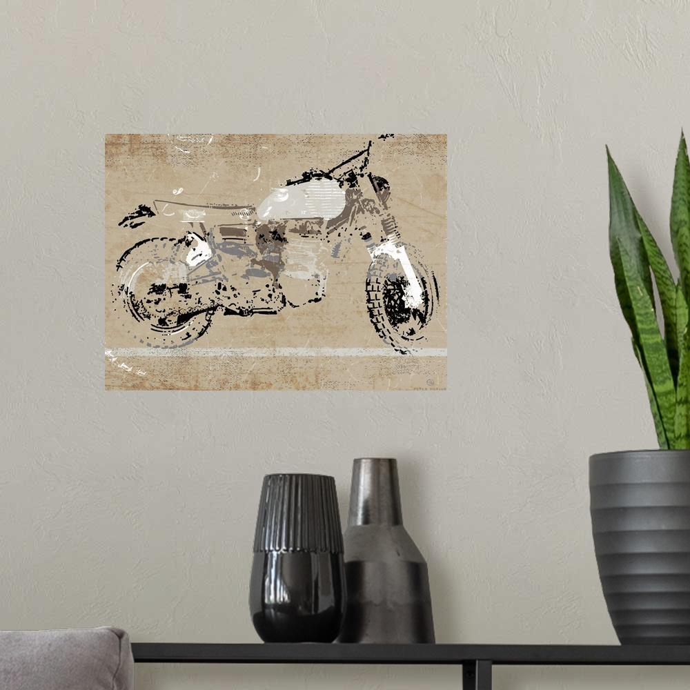 A modern room featuring A gray, black and tan vintage motorcycle minimalist art sketch on a gray rust background.