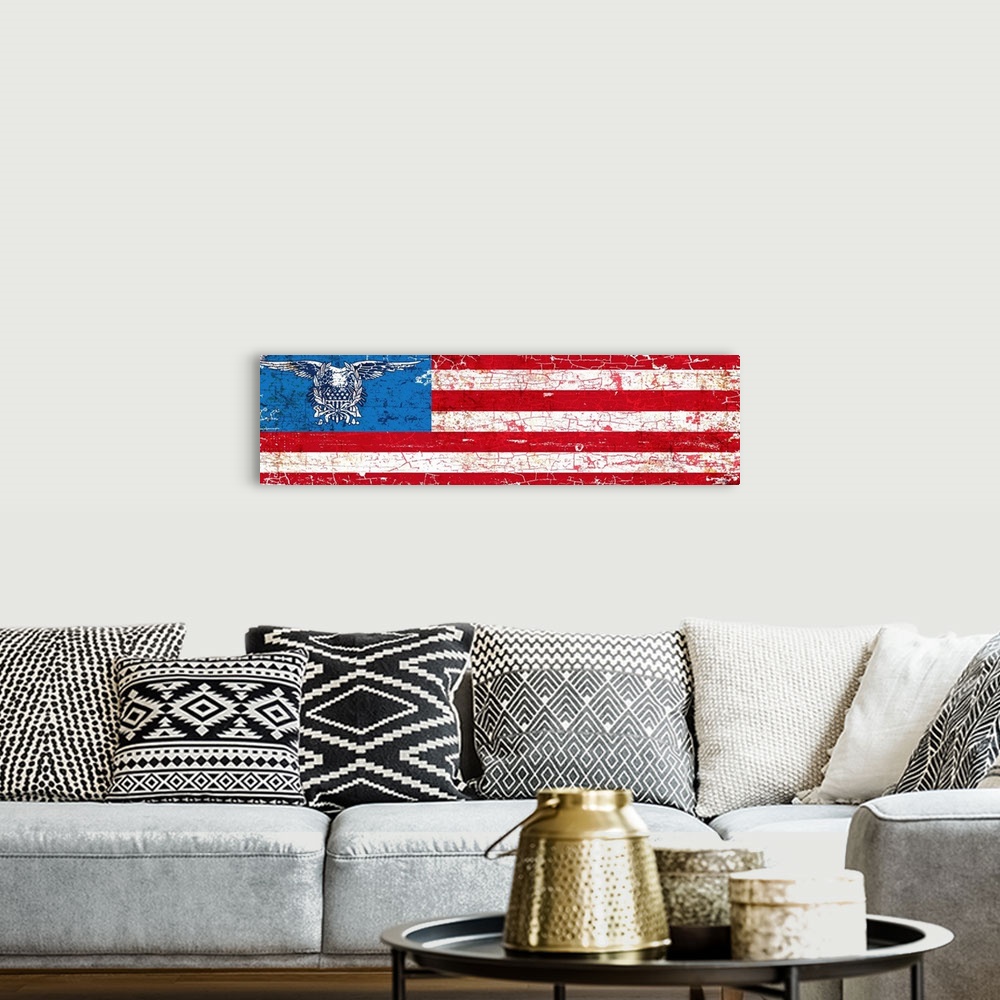 A bohemian room featuring Vintage rusty 1890's distressed trade sign wall art of a long horizontal stylized American flag w...