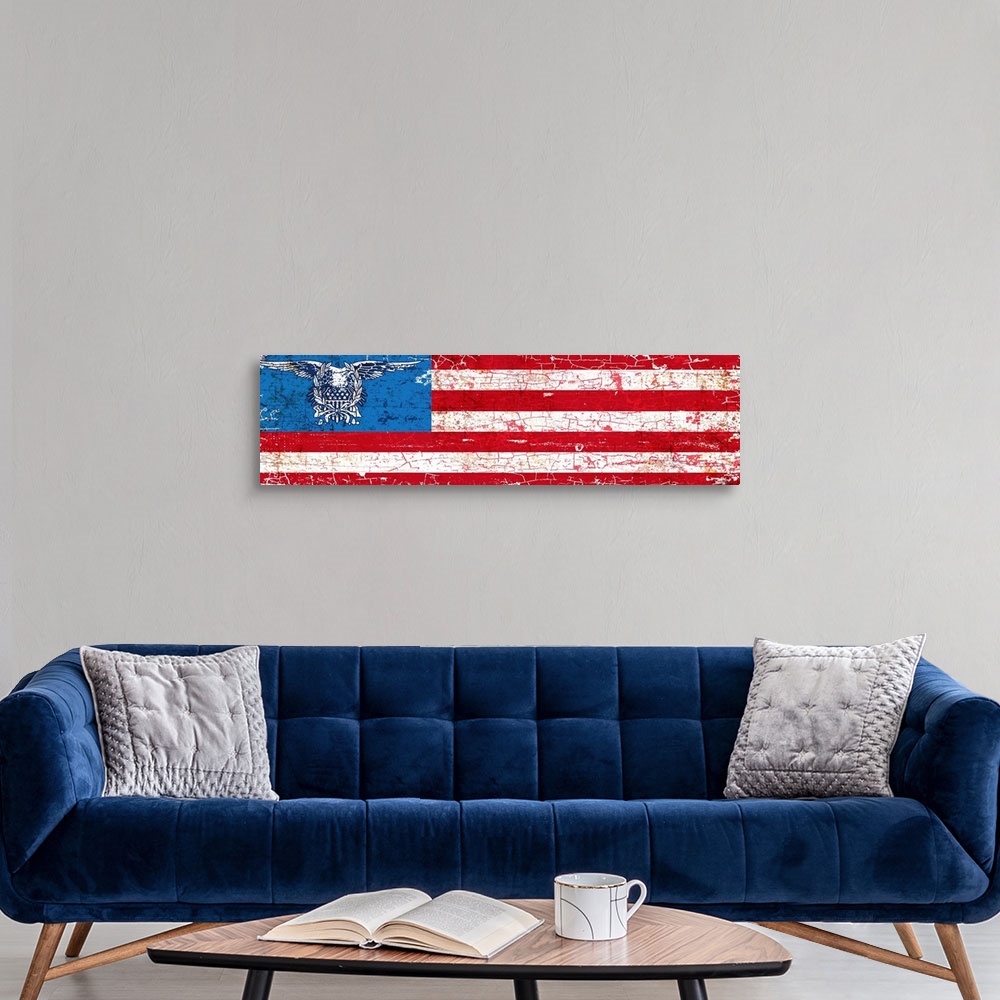 A modern room featuring Vintage rusty 1890's distressed trade sign wall art of a long horizontal stylized American flag w...