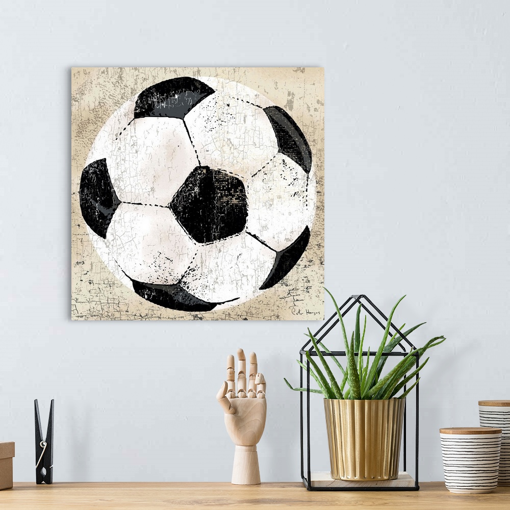 A bohemian room featuring Vintage style wall art of an old distressed soccer ball on tan and sepia background.