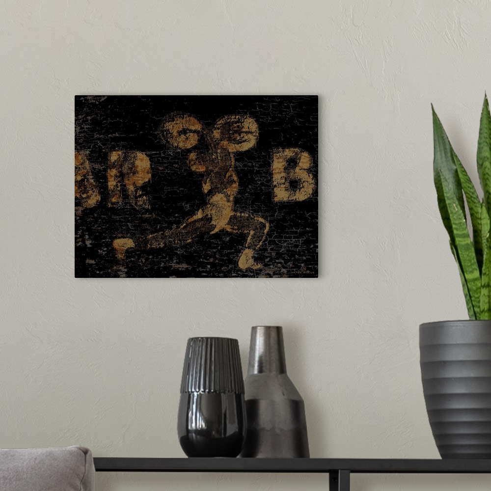 A modern room featuring Distressed vintage wall art of a gold image of a weightlifter with barbell overhead on a black ba...