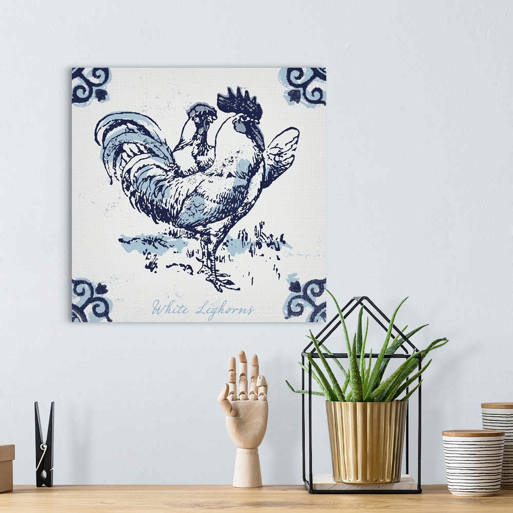 A bohemian room featuring White leghorn chickens with typography in dutch blue