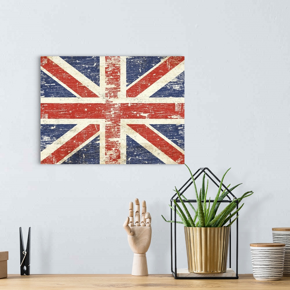 A bohemian room featuring Contemporary art of a worn and weathered looking Union Jack flag.