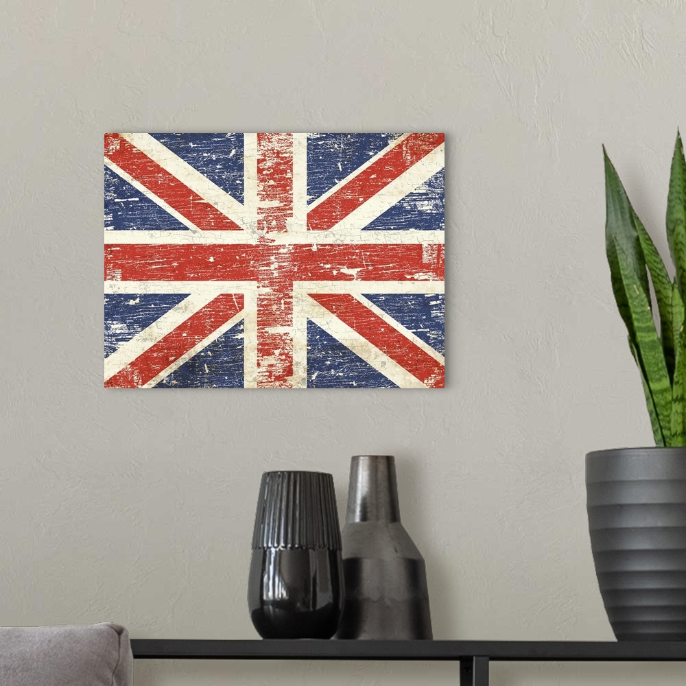 A modern room featuring Contemporary art of a worn and weathered looking Union Jack flag.