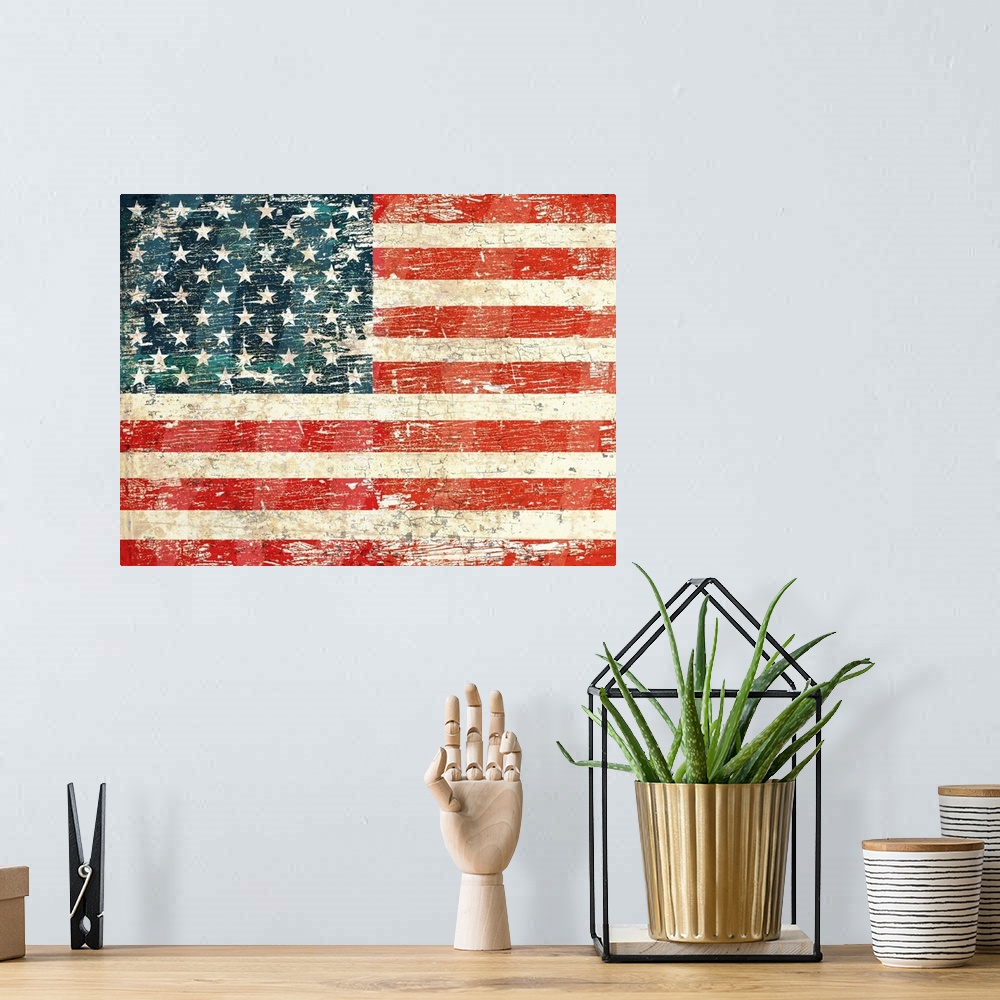 A bohemian room featuring Worn and distressed USA flag