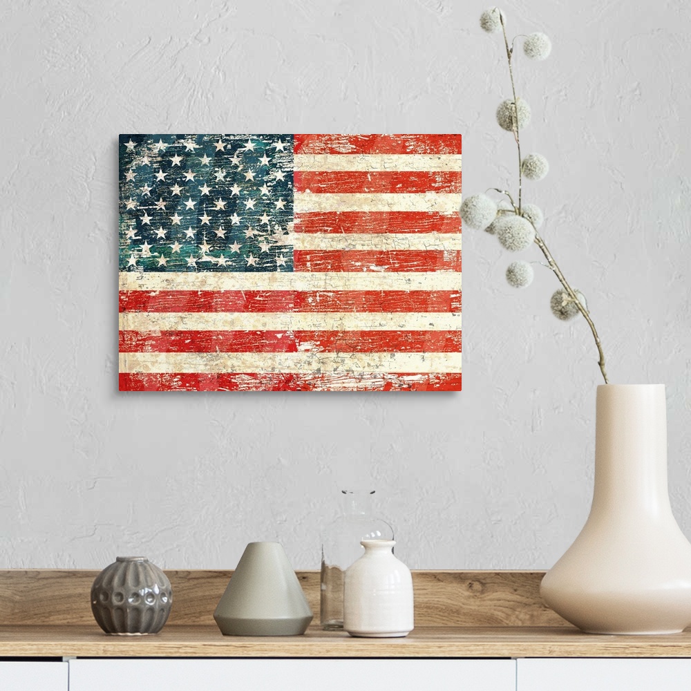 A farmhouse room featuring Worn and distressed USA flag