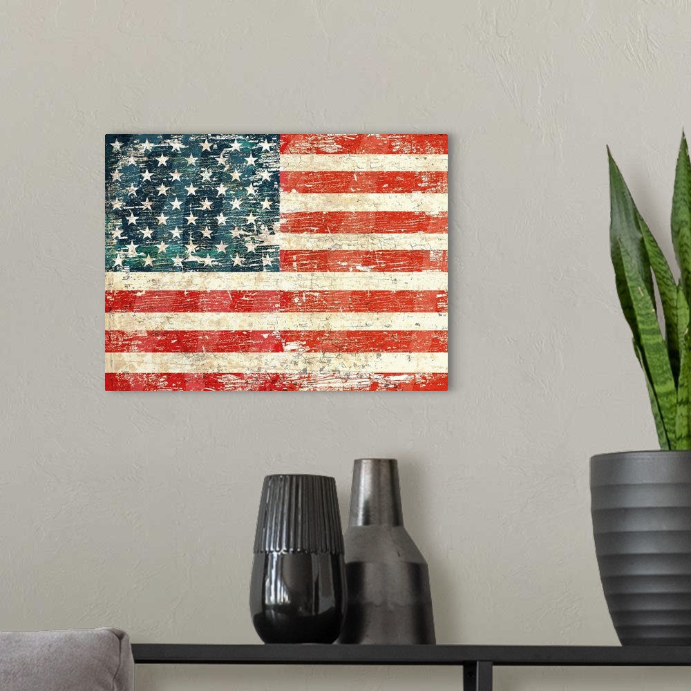 A modern room featuring Worn and distressed USA flag
