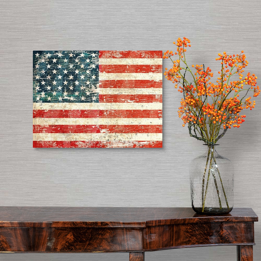 A traditional room featuring Worn and distressed USA flag