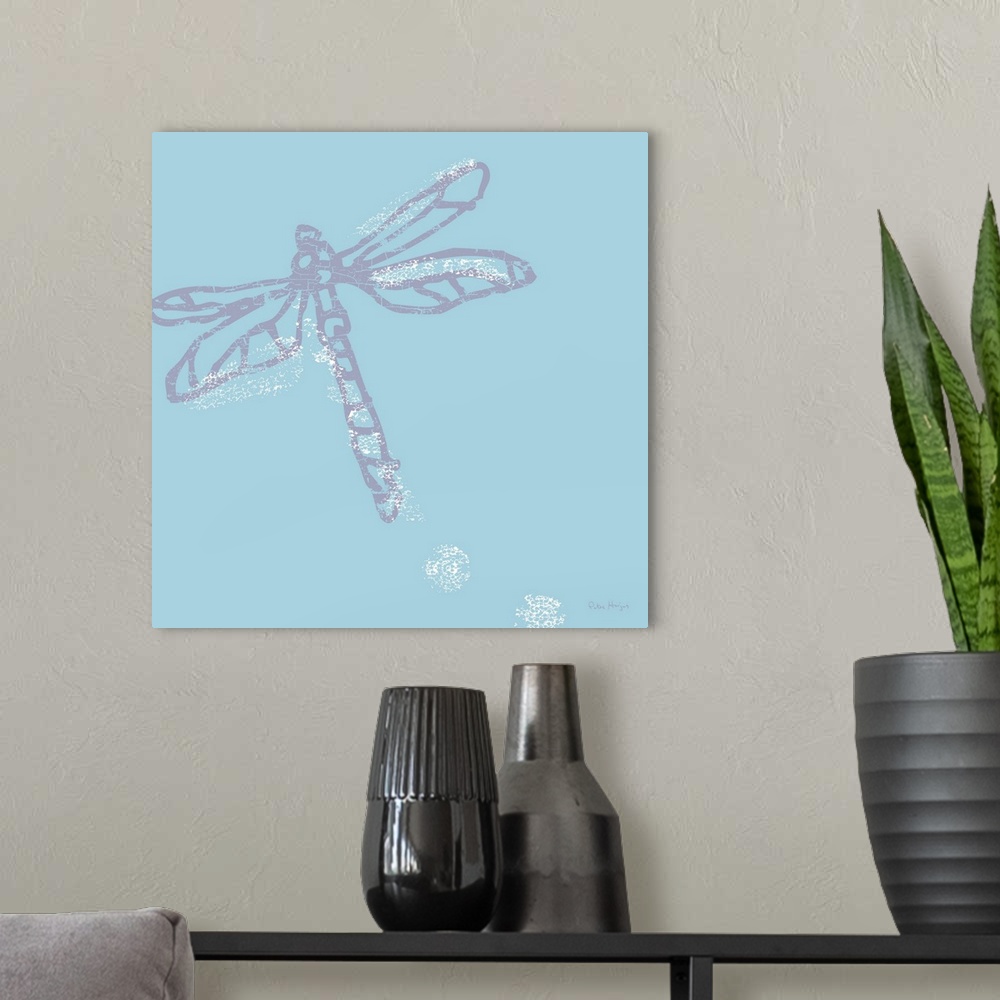 A modern room featuring Zooming violet butterfly depicted in a simple minimalist art fashion on a solid light blue backgr...