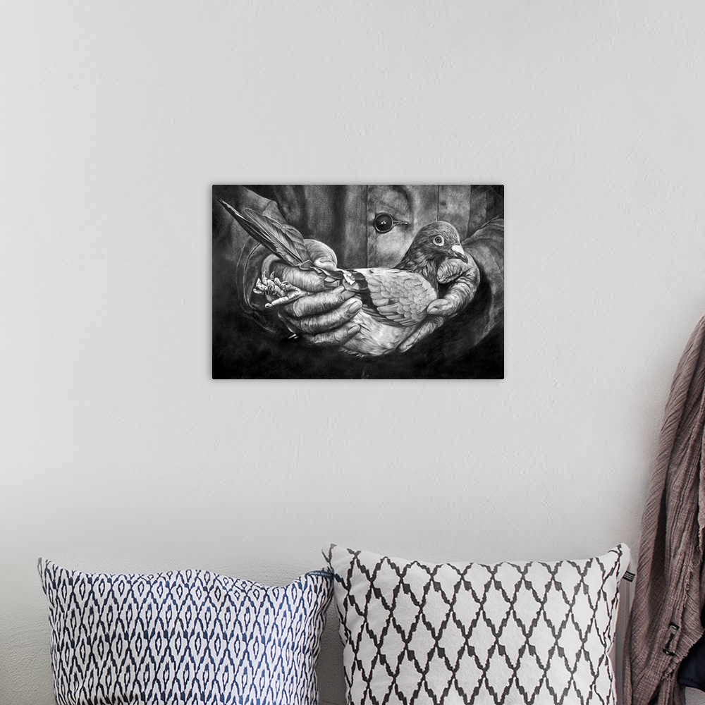 A bohemian room featuring A highly detailed and realistic pencil drawing depicting a homing pigeon being held lovingly by t...