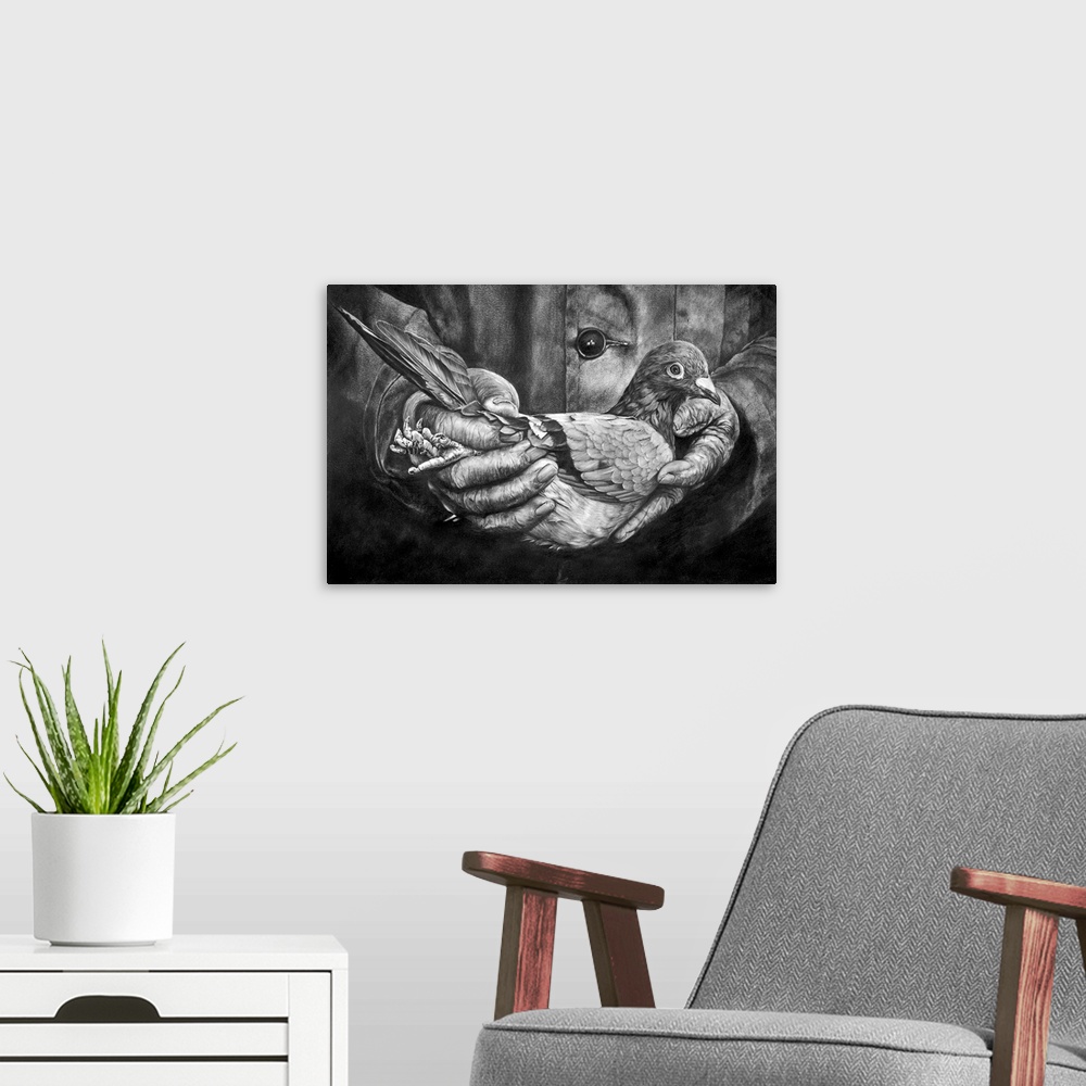 A modern room featuring A highly detailed and realistic pencil drawing depicting a homing pigeon being held lovingly by t...
