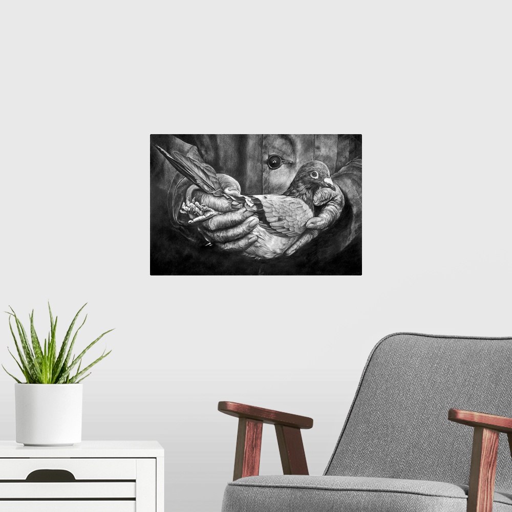 A modern room featuring A highly detailed and realistic pencil drawing depicting a homing pigeon being held lovingly by t...