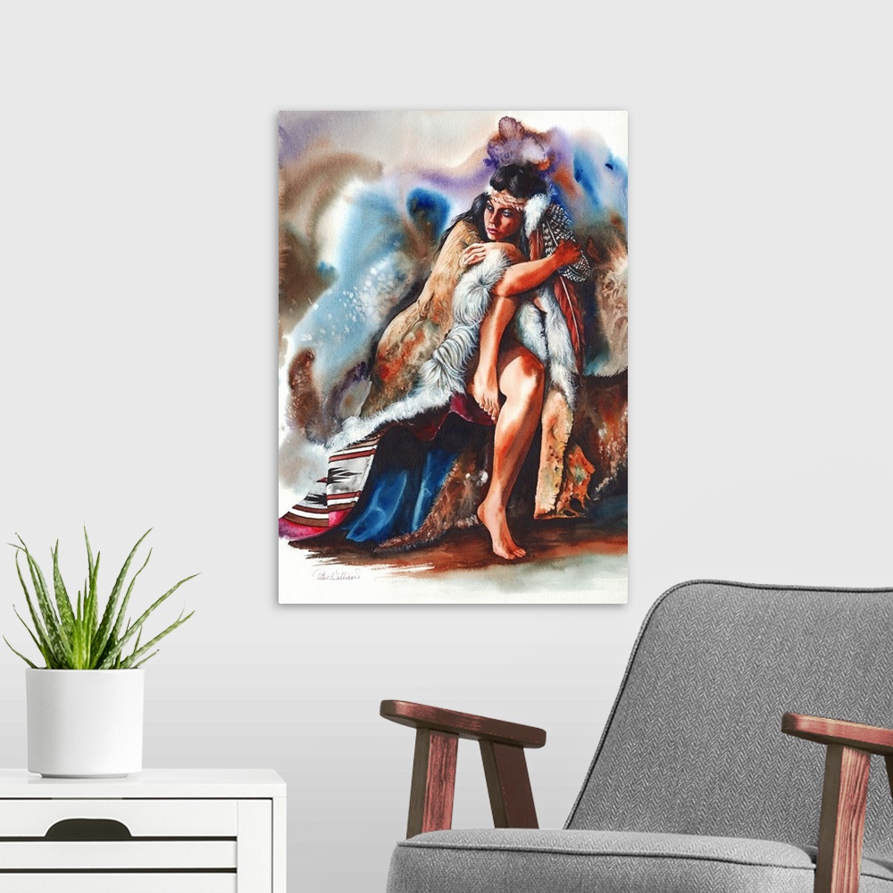 A modern room featuring A native American maiden, wrapped in an animal skin blanket, portrayed with watercolours.