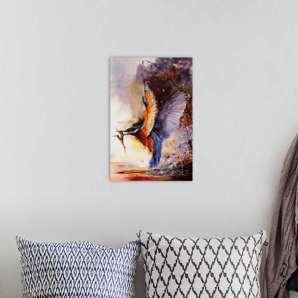 A bohemian room featuring Watercolor painting of a Kingfisher catching a fish from the river.
