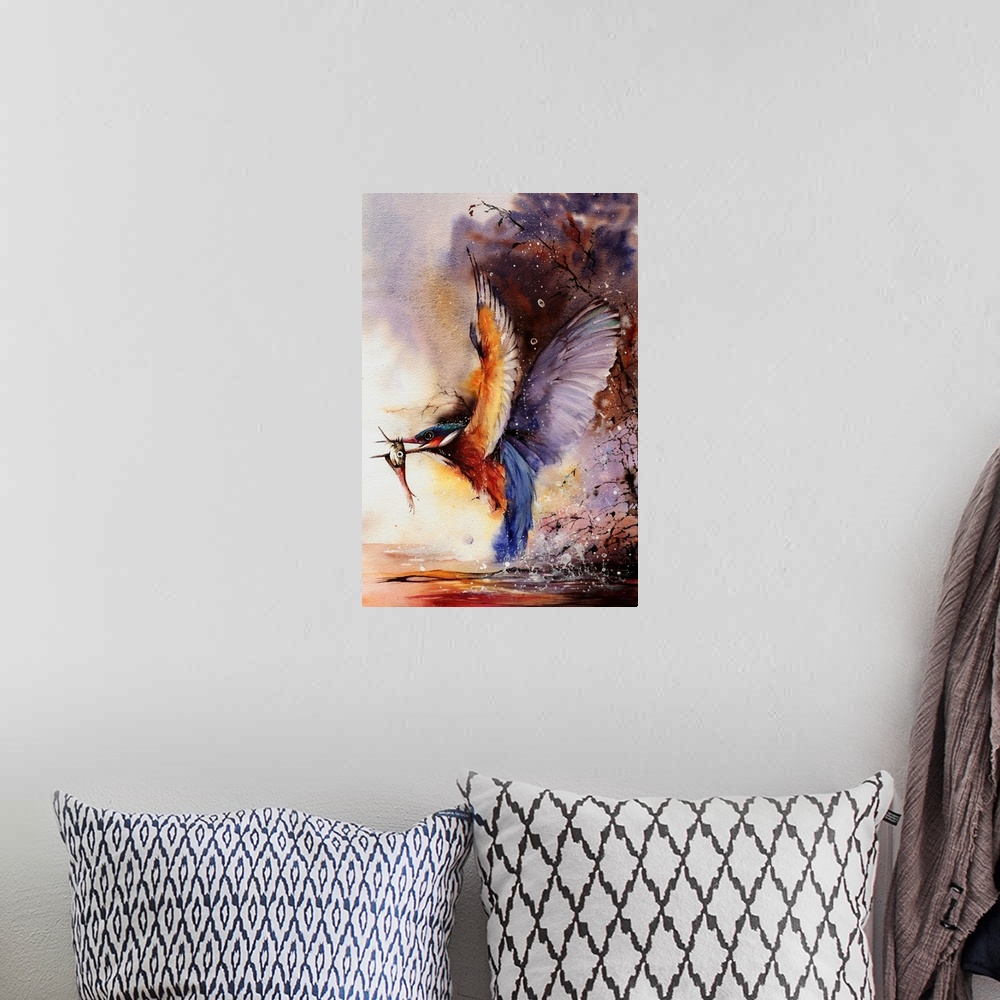 A bohemian room featuring Watercolor painting of a Kingfisher catching a fish from the river.