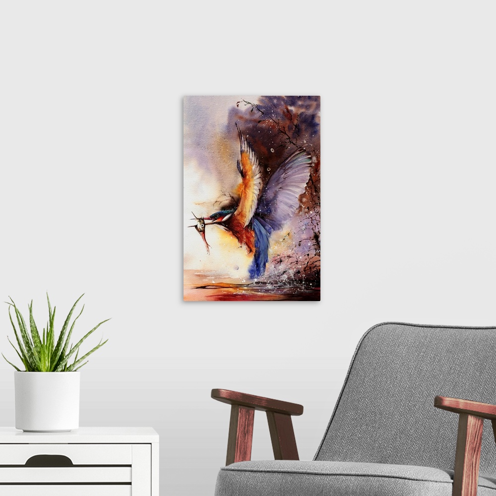 A modern room featuring Watercolor painting of a Kingfisher catching a fish from the river.