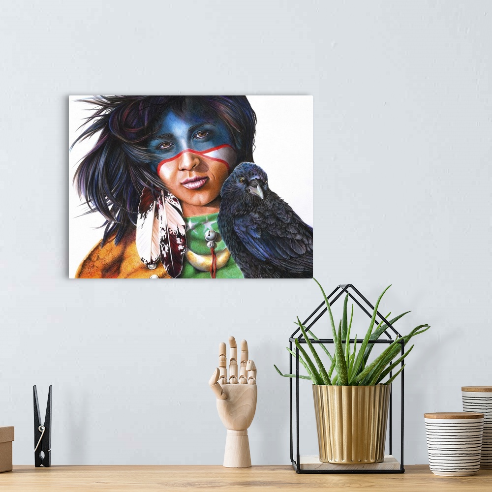 A bohemian room featuring A Native American Indian portrait originally created with colored pencils.