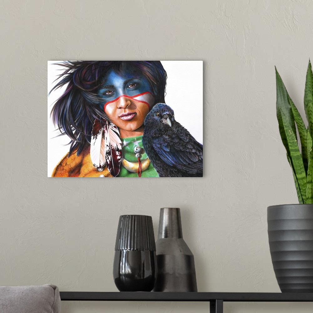 A modern room featuring A Native American Indian portrait originally created with colored pencils.