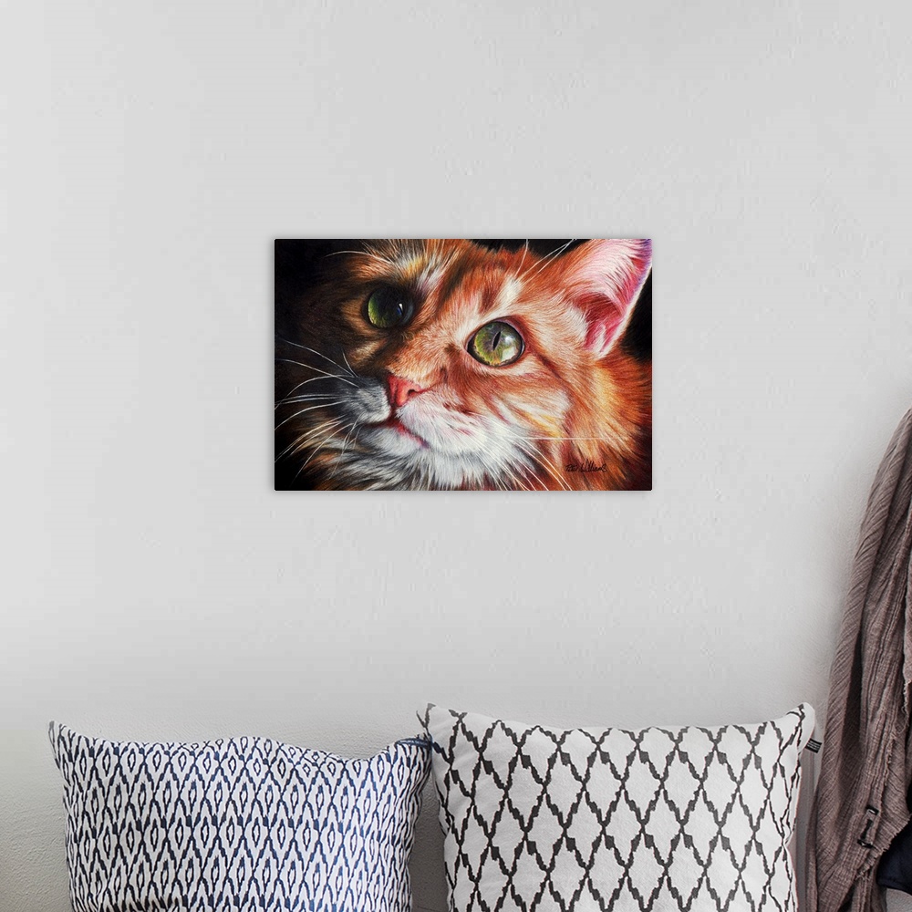 A bohemian room featuring A colored pencil portrait of a cute ginger kitten, particular attention has been paid to the eyes...