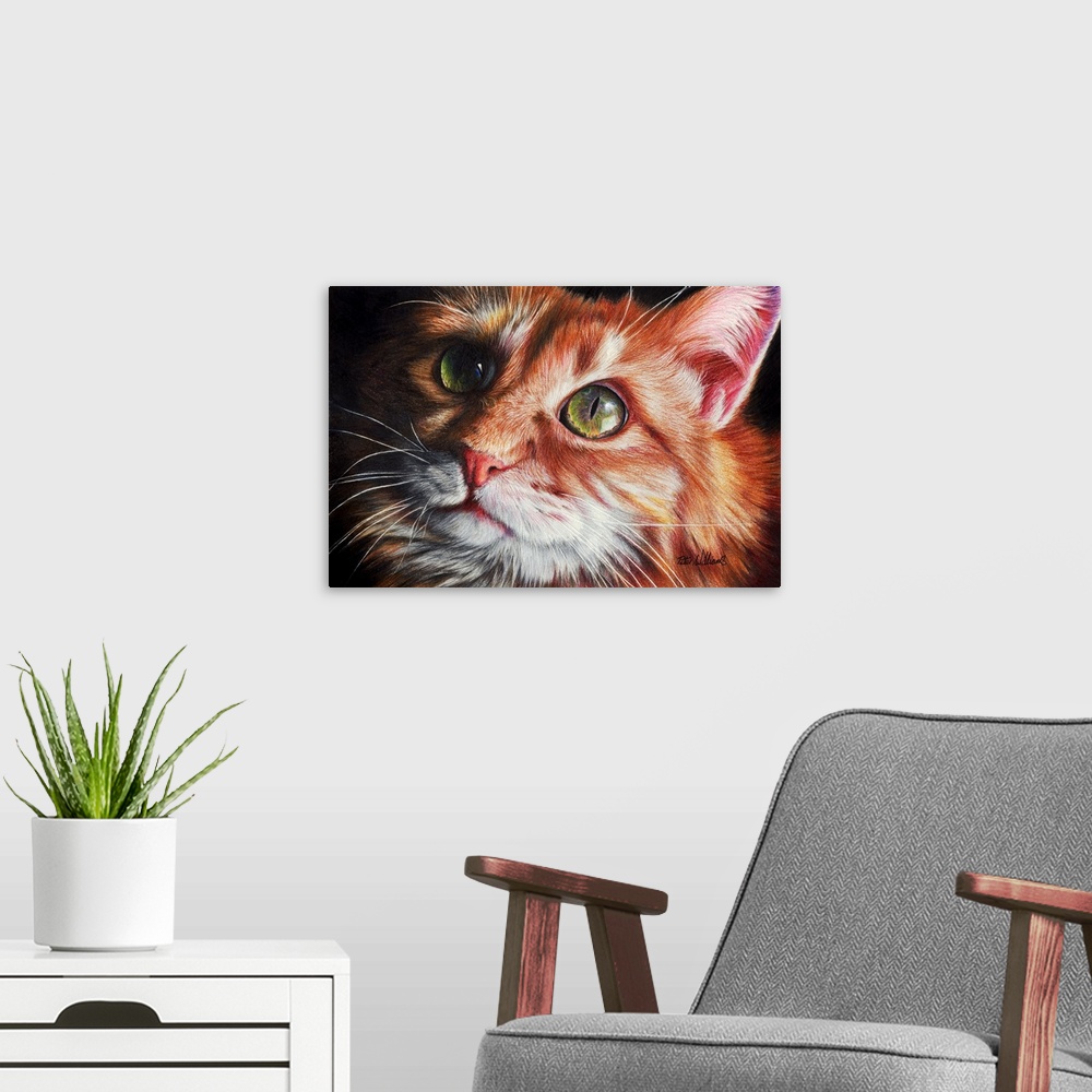 A modern room featuring A colored pencil portrait of a cute ginger kitten, particular attention has been paid to the eyes...