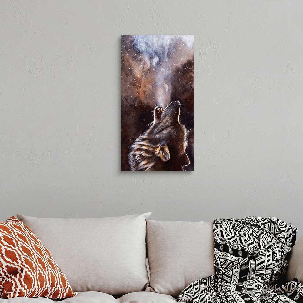 A bohemian room featuring Watercolor painting of a howling wolf.