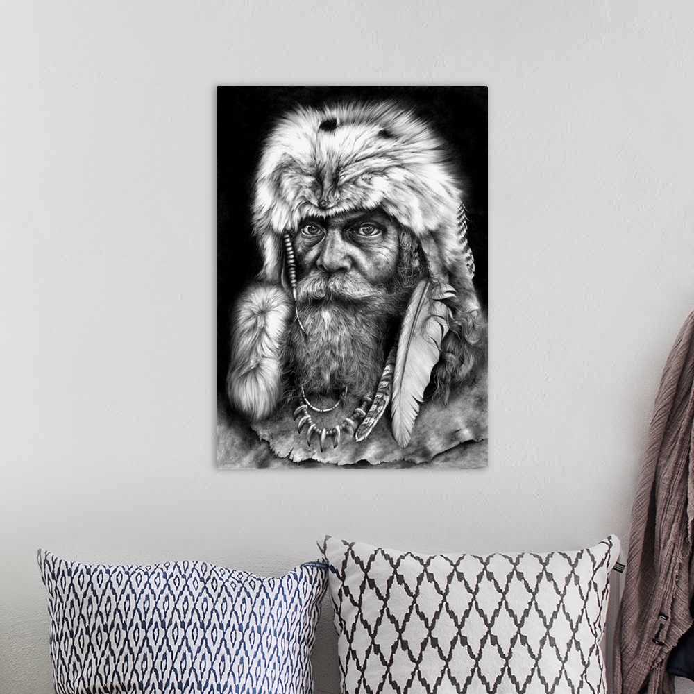 A bohemian room featuring A pencil portrait of my impression of the 16th century adventurer and explorer Pierre Esprit Radi...