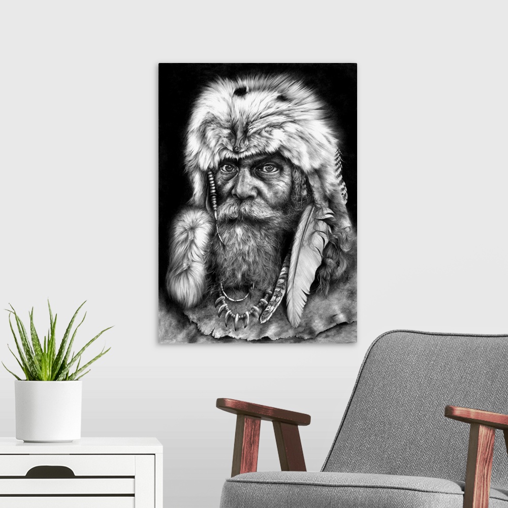 A modern room featuring A pencil portrait of my impression of the 16th century adventurer and explorer Pierre Esprit Radi...