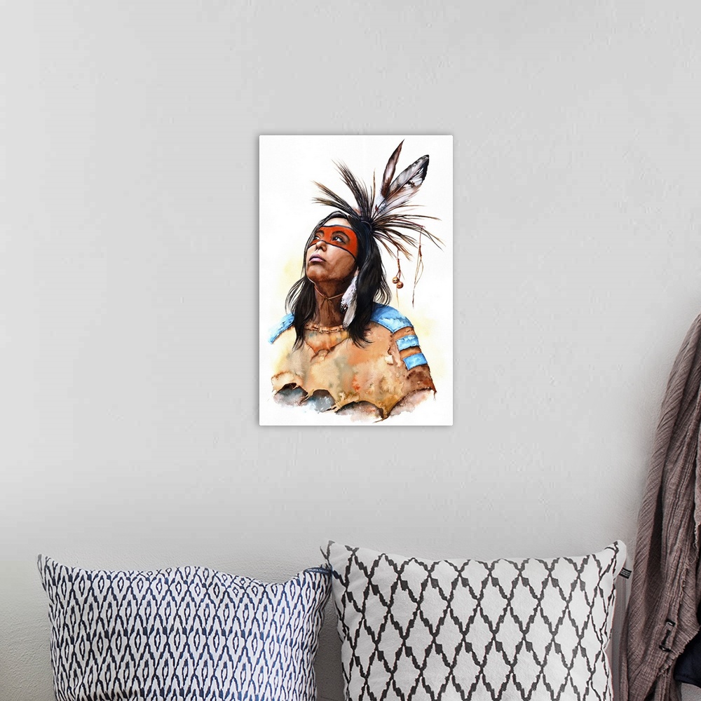 A bohemian room featuring Native American Indian portrait originally painted with watercolour.