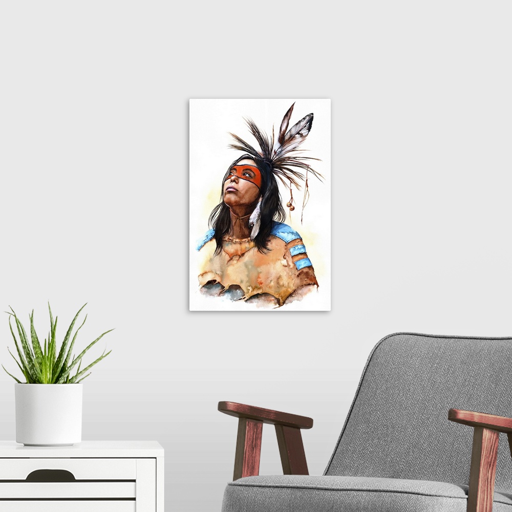 A modern room featuring Native American Indian portrait originally painted with watercolour.