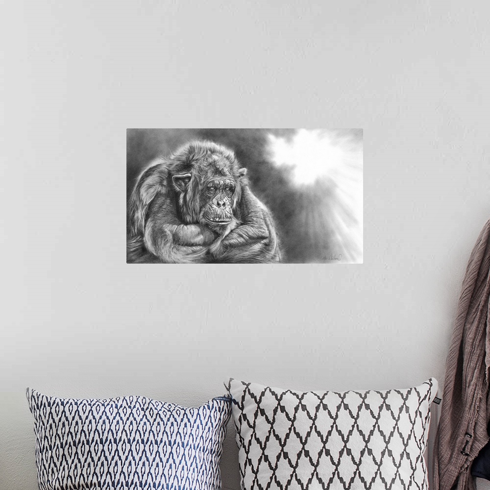A bohemian room featuring A graphite pencil drawing. A highly detailed, expressive wildlife artwork featuring an African ch...