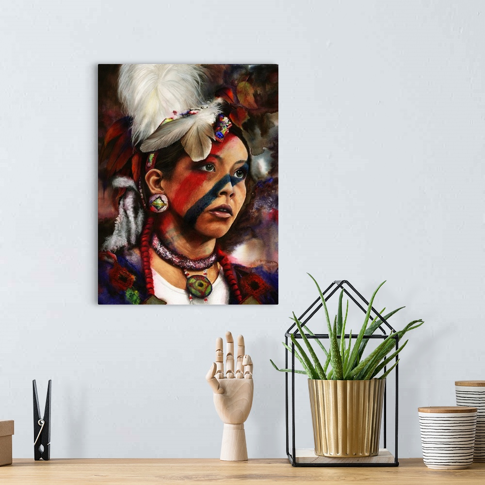 A bohemian room featuring A pow-wow portrait of a young, native American girl dancer.