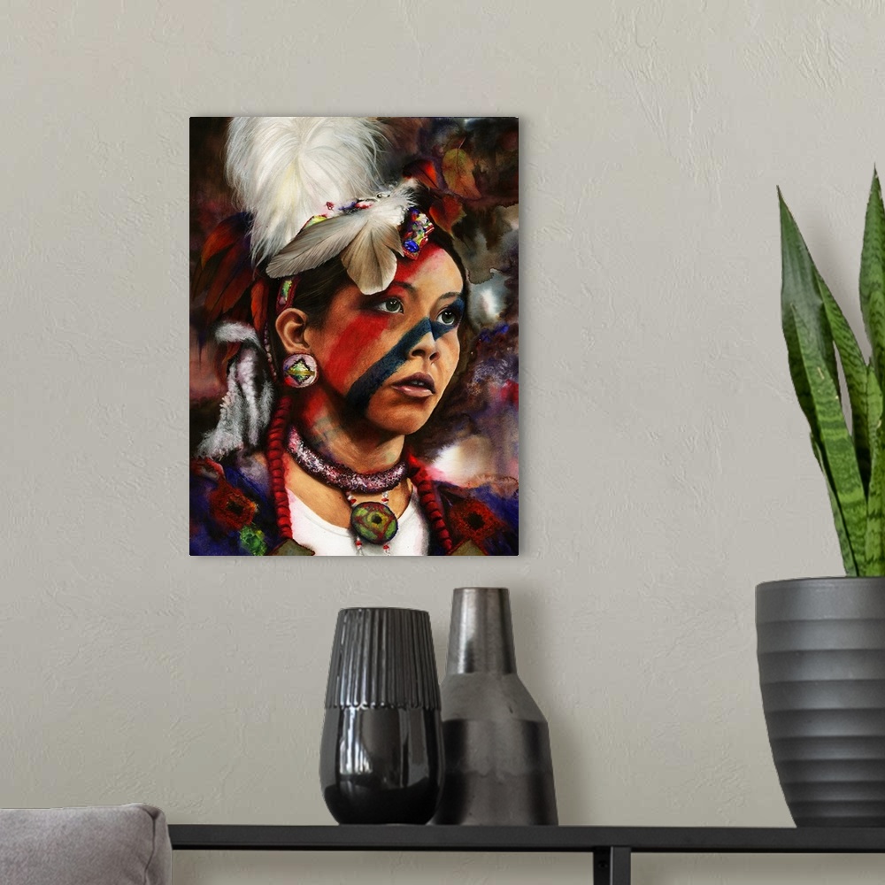 A modern room featuring A pow-wow portrait of a young, native American girl dancer.