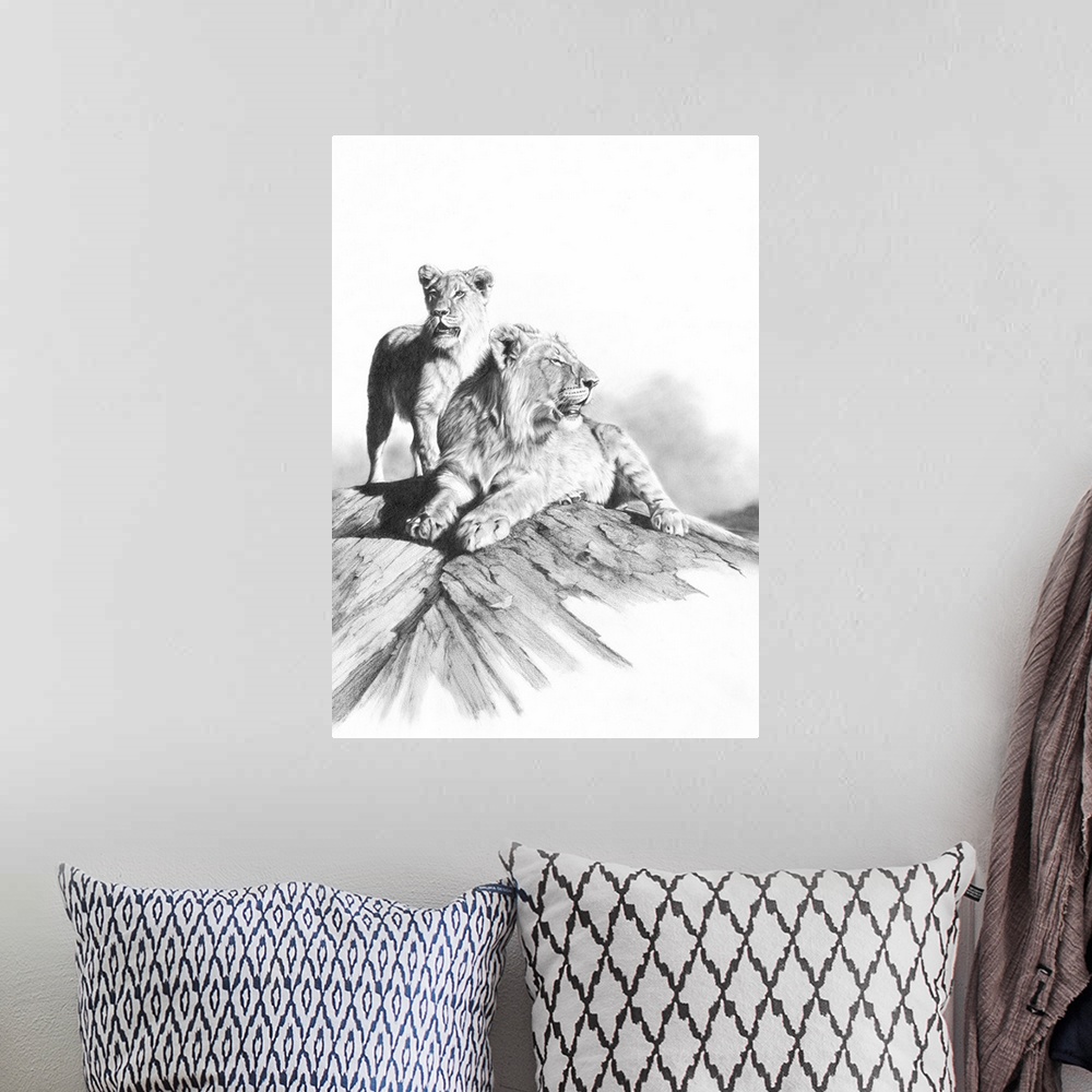 A bohemian room featuring 'Double Trouble' is a graphite pencil drawing, highly detailed artwork featuring a pair of adoles...