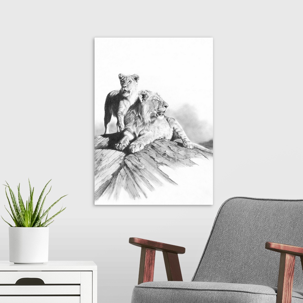 A modern room featuring 'Double Trouble' is a graphite pencil drawing, highly detailed artwork featuring a pair of adoles...