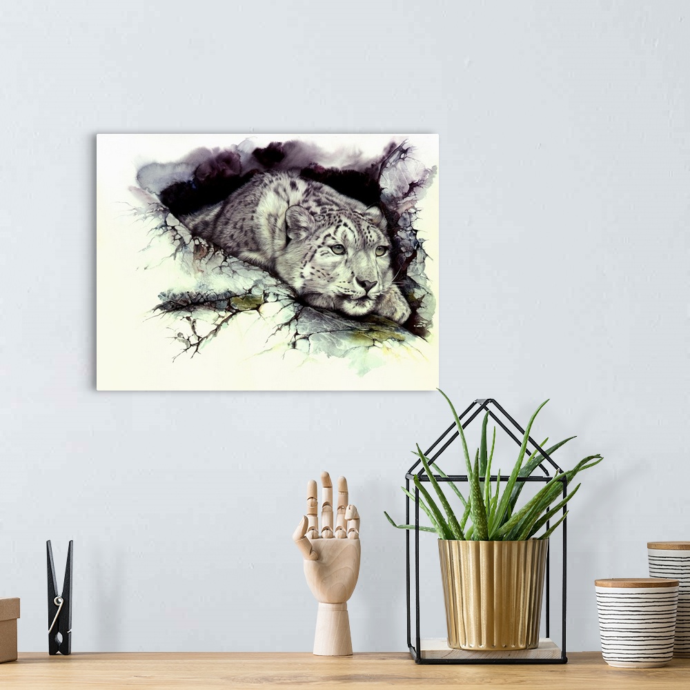 A bohemian room featuring A snow Leopard surveys the outlook from a safe hide away. Originally created using watercolor and...