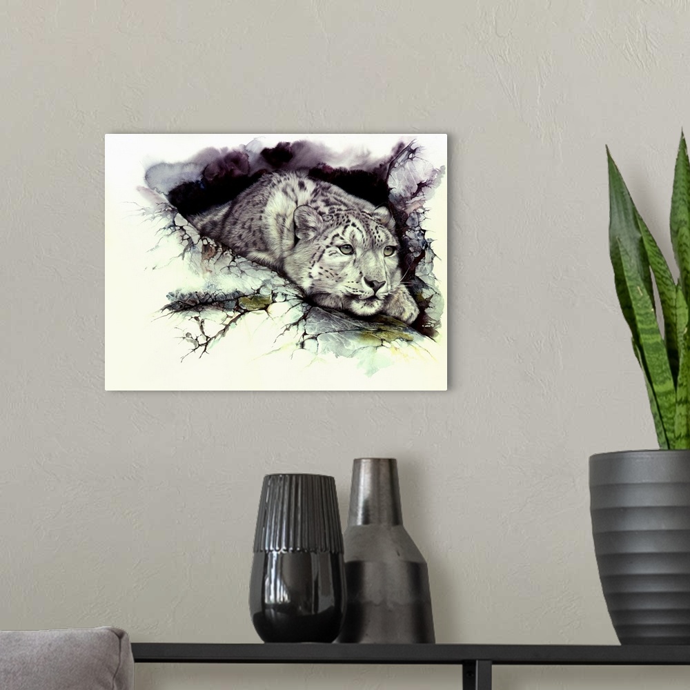 A modern room featuring A snow Leopard surveys the outlook from a safe hide away. Originally created using watercolor and...