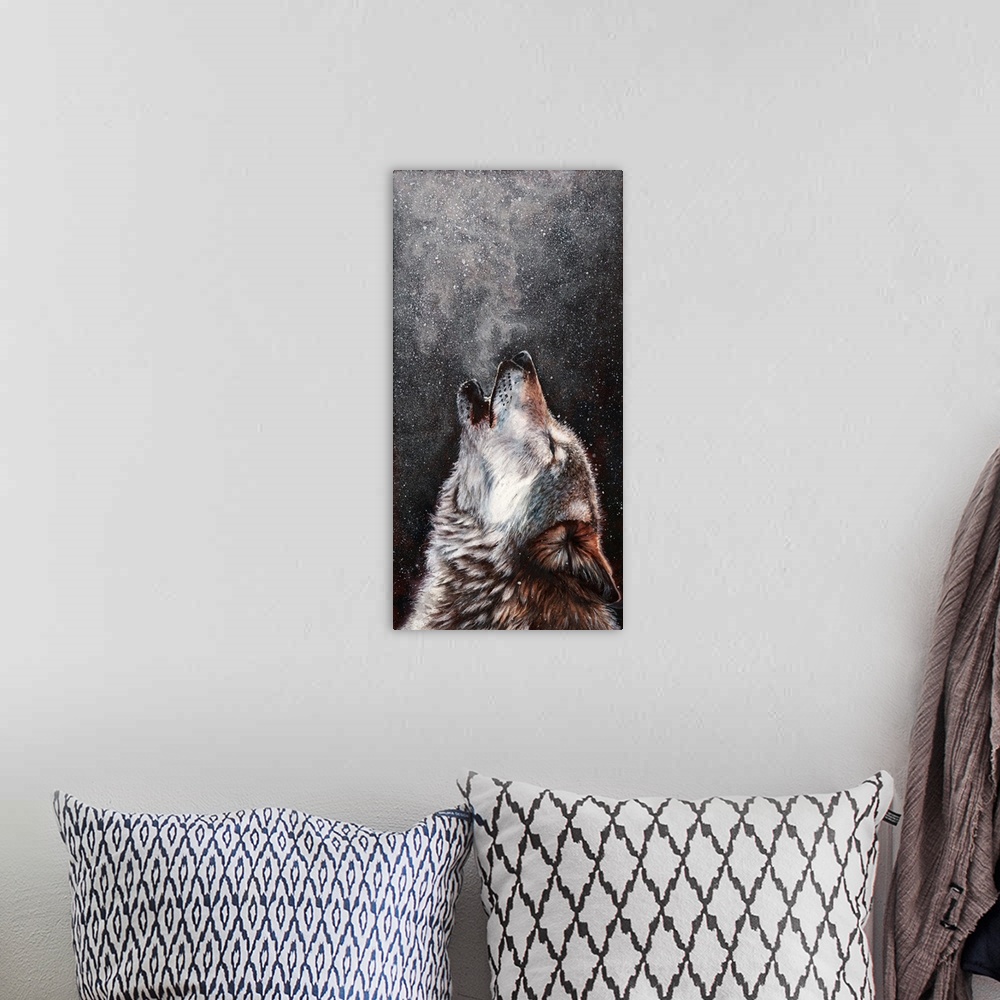A bohemian room featuring A wolf howling into a snowy night sky