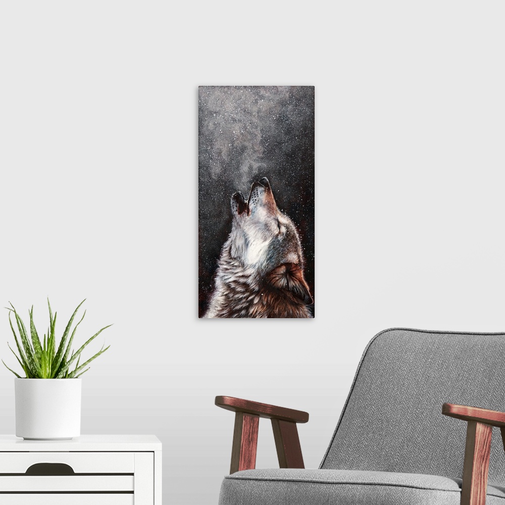 A modern room featuring A wolf howling into a snowy night sky