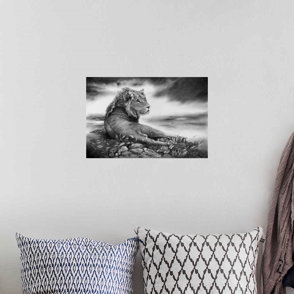 A bohemian room featuring A young male lion reclining on the savannah. Originally created with pencil.