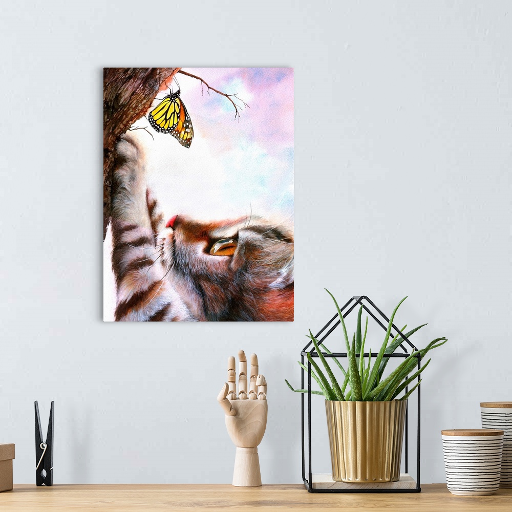 A bohemian room featuring Mixed media painting of a cat reaching out for a butterfly on a tree.