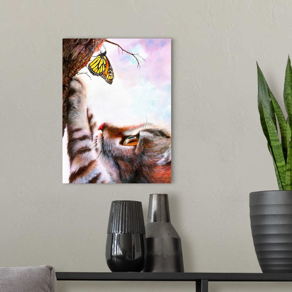 A modern room featuring Mixed media painting of a cat reaching out for a butterfly on a tree.