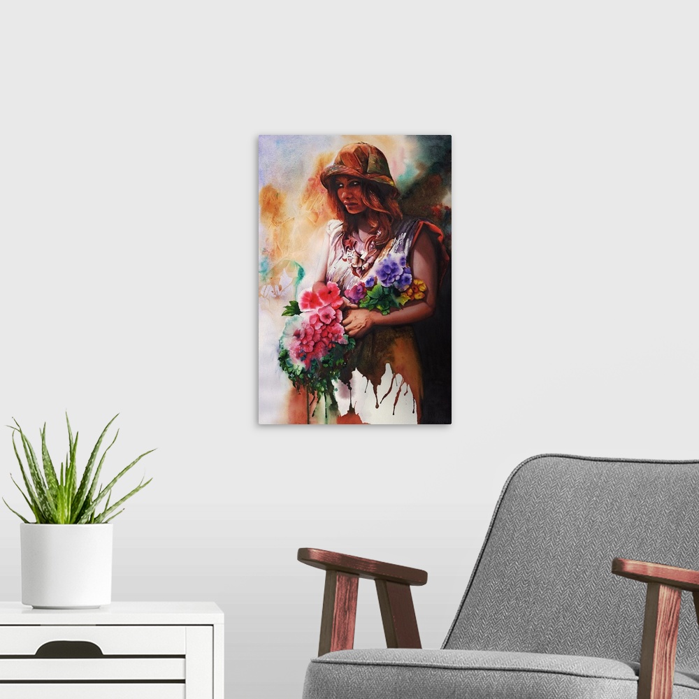 A modern room featuring A loose watercolor portrait of a flower girl, holding a bouquet.